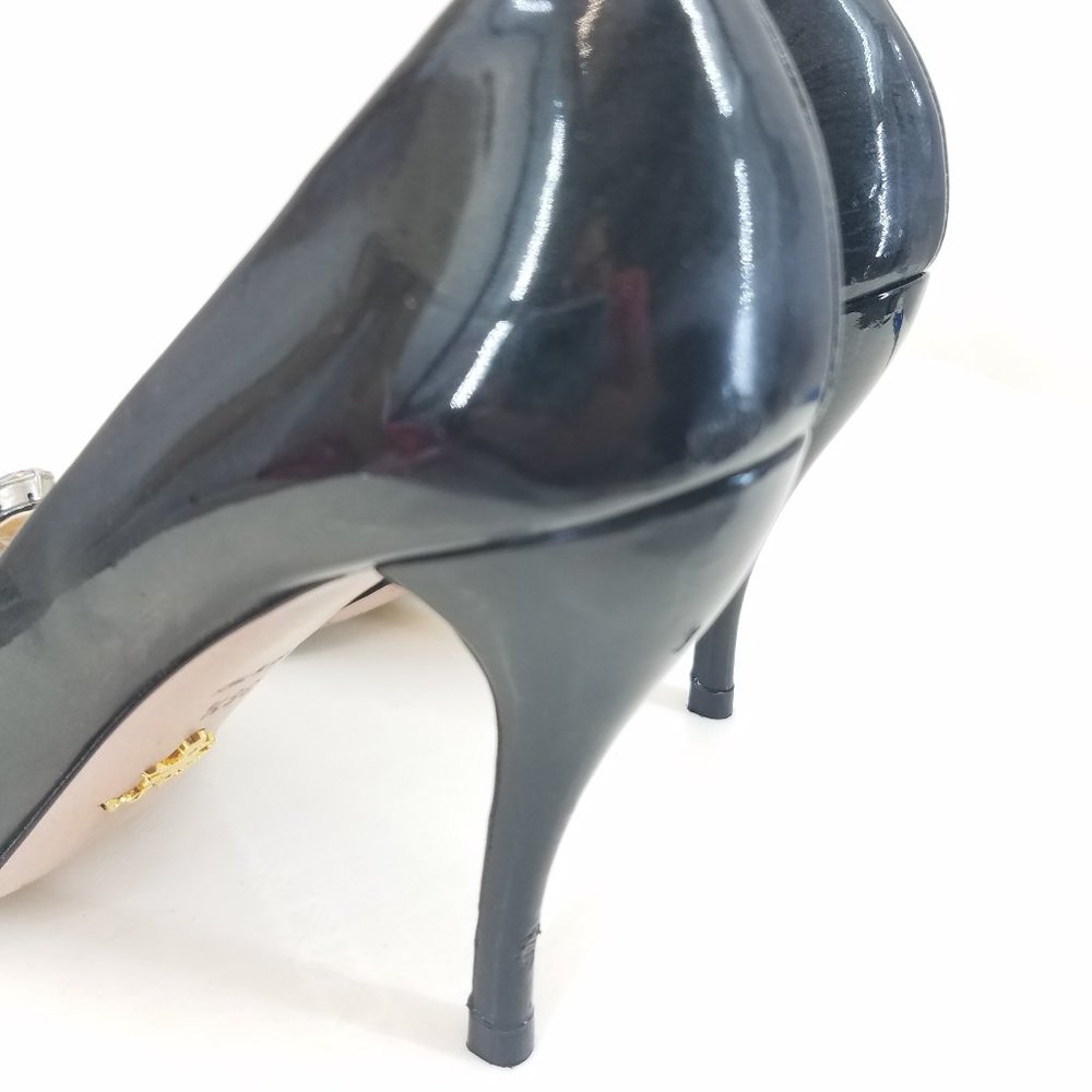Prada Black Patent Leather Jeweled Peep-Toe Heels - Picture 3 of 9